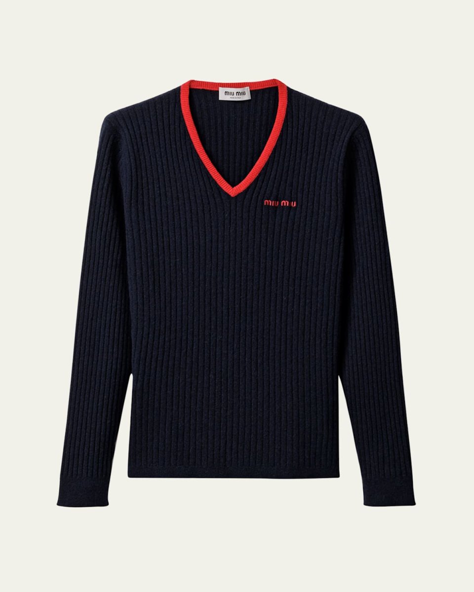 Ribbed V-Neck Long Sleeve Cashmere Sweater